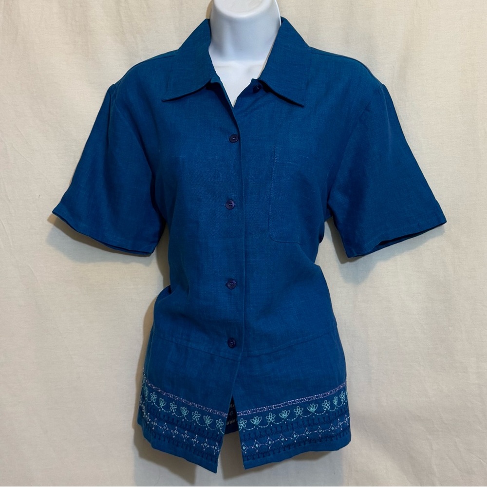 G-125 Dressbarn Blue 100% Linen Embroidered & Beaded Short‎ Sleeve Blouse Size 6